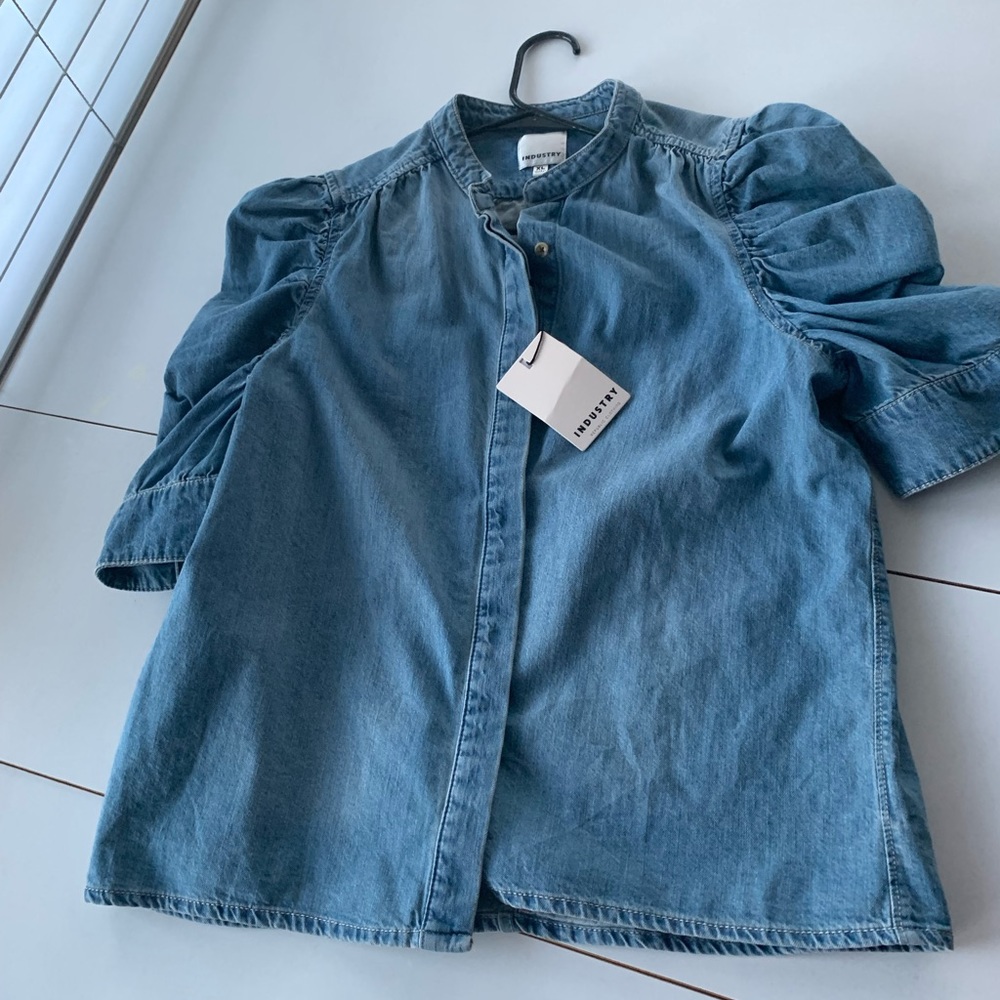 Industry Denim Button Shirt with Ruffle Sleeve SZ XL